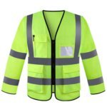 Personal Protective Fluorescent Yellow Multi-Pockets Long Sleeves Reflective Safety Work Jackets with Pip Zipper